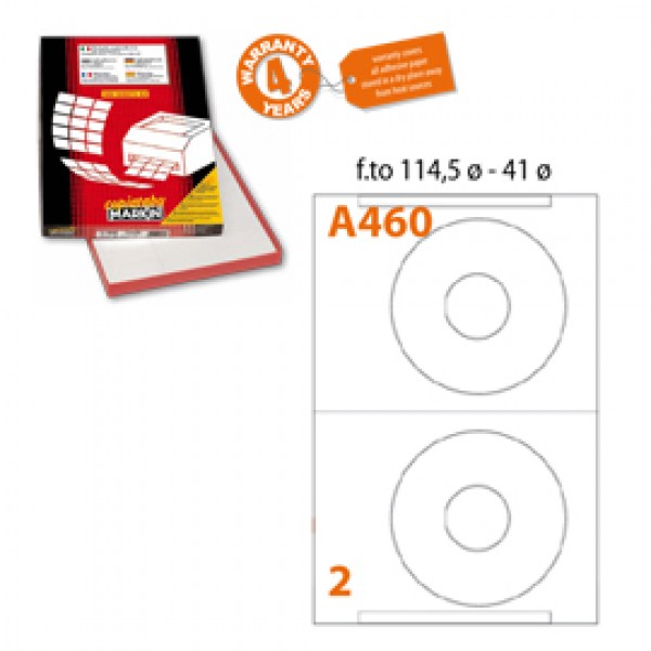 Etichetta adesiva A/460 bianca 100fg A4 x CD Ø114,5mm foro 41mm (2et/fg) Markin