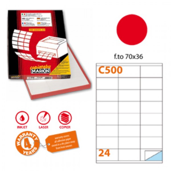 Etichetta adesiva C/500 rosso 100fg A4 70x36mm (24et/fg) Markin
