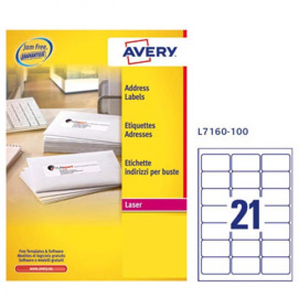 Etichetta adesiva L7160 bianca 100fg A4 63,5x38,1mm (21et/fg) Avery