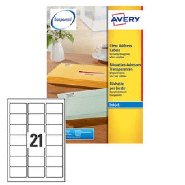 Poliestere adesivo J8560 trasparente 25fg A4 63,5x38,1mm (21et/fg) inkjet Avery