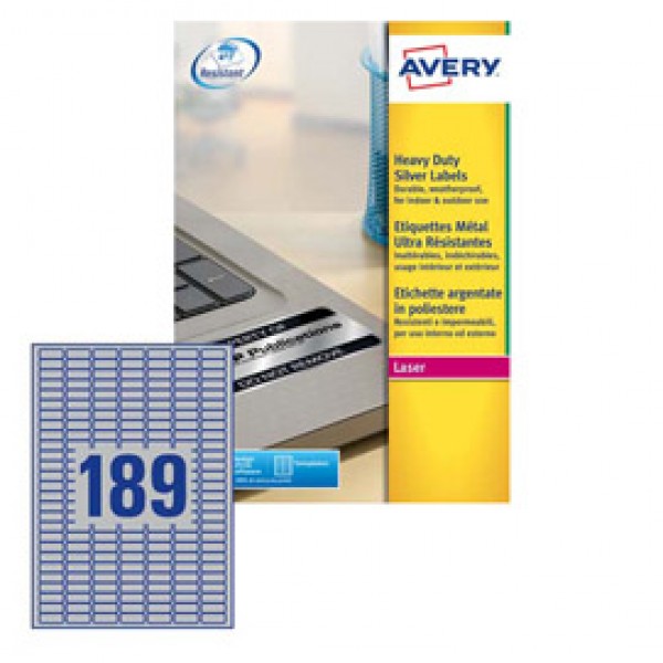 Poliestere adesivo L6008 argento 20fg A4 24,5x10mm (189et/fg) laser Avery