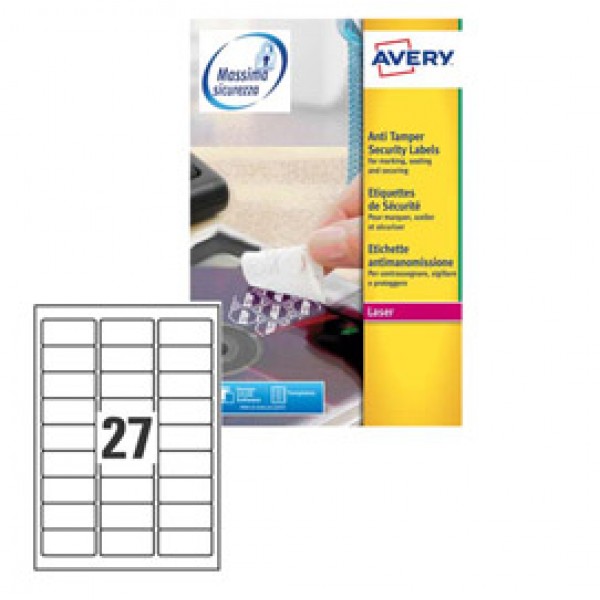 Poliestere adesivo L6114 bianco antim. 20fg A4 63,5x29,6mm (27et/fg) laser Avery