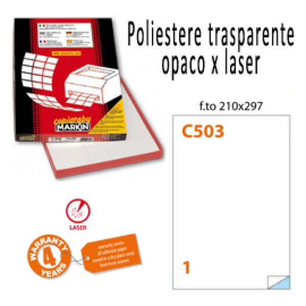 Poliestere adesivo C/503 trasparente opaco 50fg A4 210x297mm (1et/fg) laser