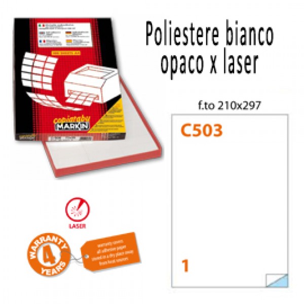 Poliestere adesivo C/503 bianco opaco 50fg A4 210x297mm (1et/fg) laser Markin