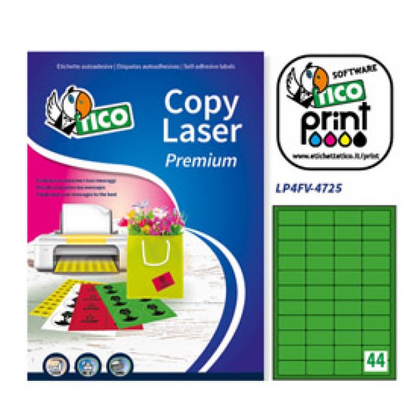 Etichetta adesiva LP4F verde fluo 70fg A4 47,5x25,5mm (44et/fg) Tico