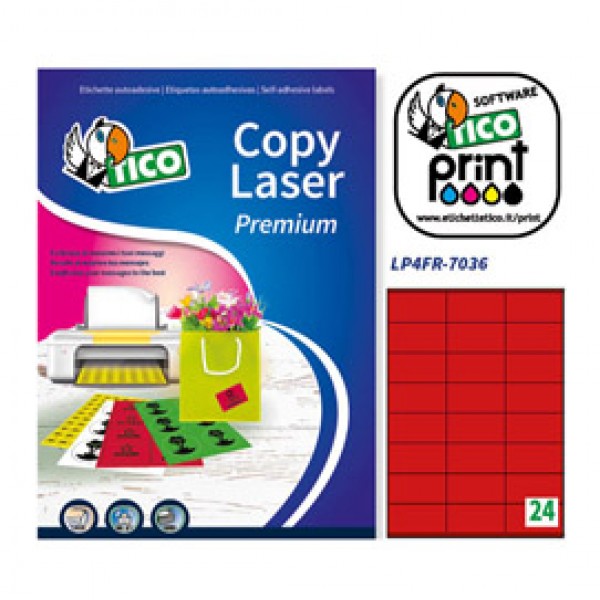 Etichetta adesiva LP4F rosso fluo 70fg A4 70x36mm (24et/fg) Tico