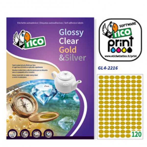 Etichetta adesiva GL4 ovale oro satinata 100fg A4 22x16mm (120et/fg) Tico