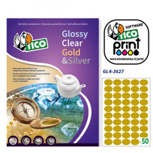 Etichetta adesiva GL4 ovale oro satinata 100fg A4 36x27mm (50et/fg) Tico