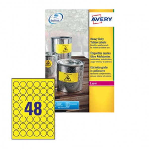 Poliestere adesivo L6128 giallo fluo 20fg A4 Ø30mm (48et/fg) laser Avery