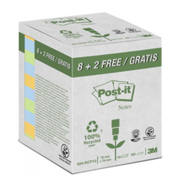VALUE PACK 10 BLOCCO 100fg Post-it® CARTA RICICLATA COL. ASS. 76X76MM 654-RCP10