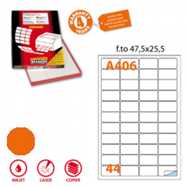 Etichetta adesiva A/406 arancio fluo 100fg A4 47,5x25,5mm (44et/fg) Markin