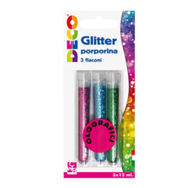 Blister glitter 3 flaconi grana fine 12ml colori assortiti olografici Cwr