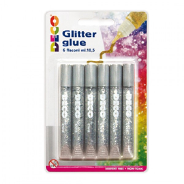 Blister colla glitter 6 penne 10,5ml argento Cwr