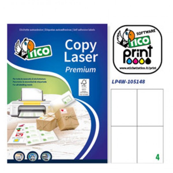 Etichetta adesiva LP4W bianca 100fg A4 105x148mm (4et/fg) Laser Tico