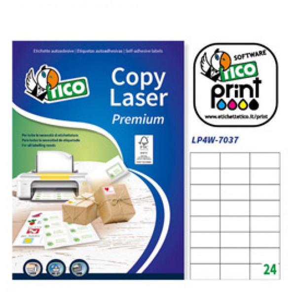 Etichetta adesiva LP4W bianca 100fg A4 70x37mm (24et/fg) Laser Tico