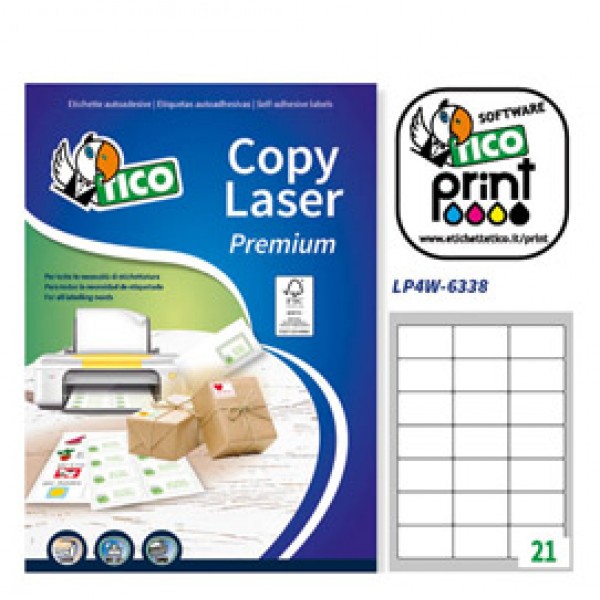 Etichetta adesiva LP4W bianca 100fg A4 63,5x38,1mm (21et/fg) Laser Tico