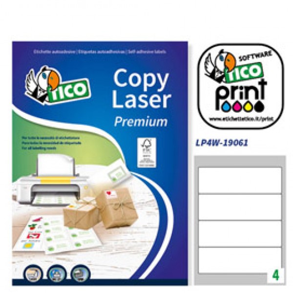 Etichetta adesiva LP4W bianca 100fg A4 190x61mm (4et/fg) Laser Tico