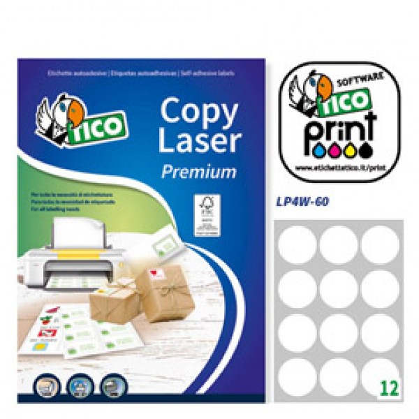 Etichetta adesiva LP4W bianca 100fg A4 tonda Ø60mm (12et/fg) Laser Tico