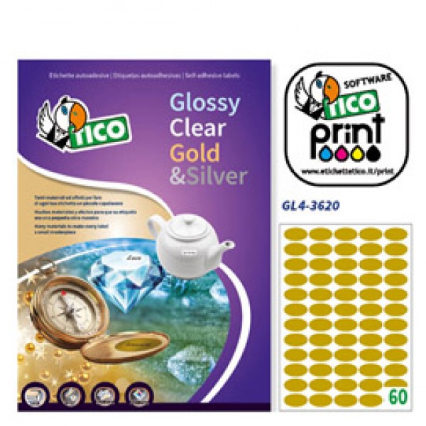Etichetta adesiva GL4 ovale oro satinata 100fg A4 36x20mm (60et/fg) Tico