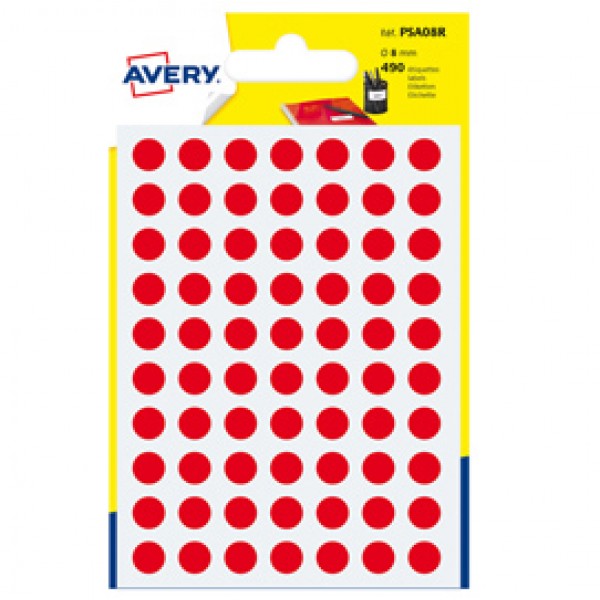 Blister 490 etichetta adesiva tonda PSA rosso Ø8mm Avery