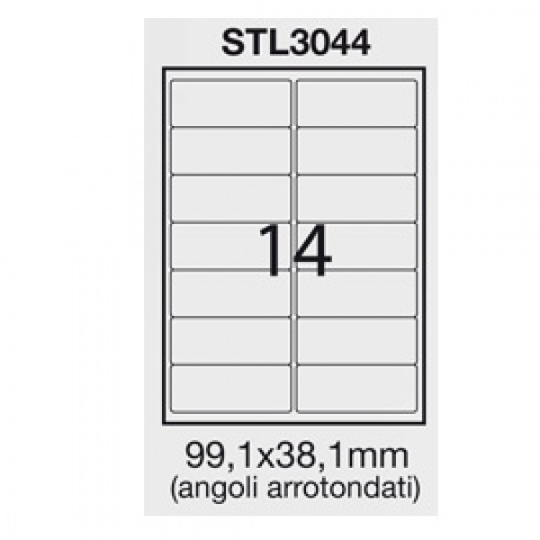 Etichetta adesiva bianca 100fg A4 99,1x38,1mm (14et/fg) angoli tondi STARLINE