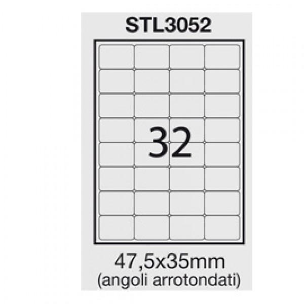 Etichetta adesiva bianca 100fg A4 47,5x35mm (32et/fg) angoli tondi STARLINE