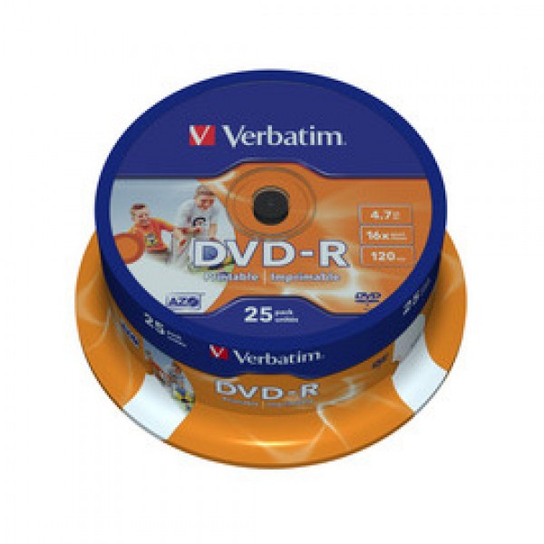 SCATOLA 25 DVD-R SPINDLE 16X 4.7GB 120MIN. STAMPABILE WIDE PHOTO INKJET